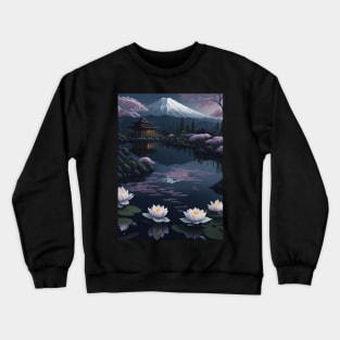 Serene Mount Fuji Sunset - Peaceful River Scenery - Lotus Flowers Crewneck Sweatshirt